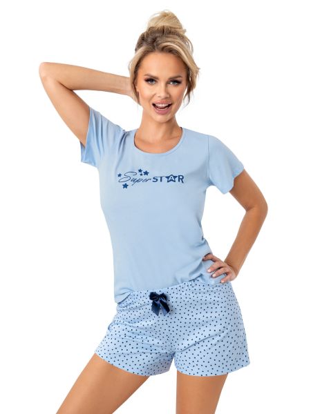 Piżama damska bawełniana błękitna - Star short - 2