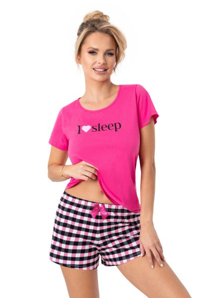Piżama bawełniana w kratkę - Sleep short fuksja - 3